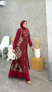 Anabe Dress Premium Ori – Gamis Muslimah Elegan Bahan Organza Print Mix Royal Twish Set Outer Panjang Modis (LD 110cm | PJ 140cm)