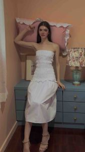 Ramsita Emma Smocked Dress - White เดรสเกาะอกคลุมเข่า สมอครอบตัว สีขาว