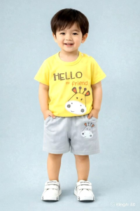 Kids cotton suit with cartoon prints short sleeves shorts yellow dinosaur blue shark pink cat green bear yellow giraffe casual wear.