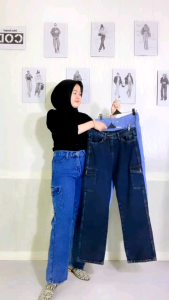 AJ-Cargo high waist jeans panjang wanita hanggover