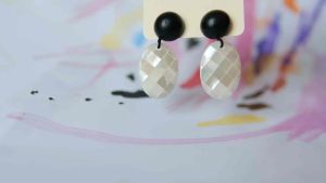 Still Here · Ink Shadow — Wood Bead & Checkered Shell Oval Earrings