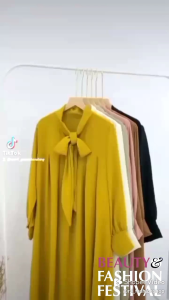 Midi Dress Aurora material Cringkel airflow Dress wanita terbaru elegan resleting depan kerah tali