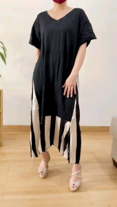 ●ECLAIRE● 003 Dress Midi Loose Drop Waist Vneck Shortsleeves Lengan Pendek Kasual Korea Santai Import 57400