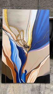 Lukisan Dinding Abstrak Gold Blue Leaf Dengan Bingkai Fiber Minimalis - Future Art Painting