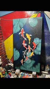 Lukisan ikan koi fengshui 9 plus bingkai hiasan dinding - future art painting