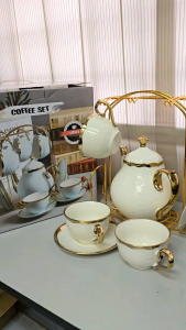 European Vintage Tear Set 13pcs Cup Saucer Gold Rim with Rack Coffee Tea Pot Fine Porcelain Wedding Door Gift