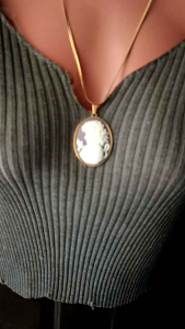 Gorgeous Victorian Lady with Bird Cameo Purple Gold Stainless Statement Jewelry Necklace