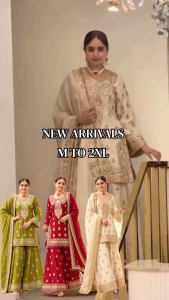[PRE-ORDER] 2026 OCT WOMEN GOLD EMBROIDERED PAKISTANI PALAZZO SUIT 3PCS WITH DUPATTA M-2XL DEEPAVALI OLIVE GREEN RED CREAM | WOMEN PUNJABI PALAZZO SUIT 3PCS GOLD EMBROIDERY WITH DUPATTA