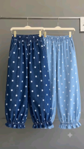[BKK TRENDING] Soft Denim Wide Leg Pants High Waist Gartered Trousers for Women with Polka Dot Pattern in Blue and Light Blue