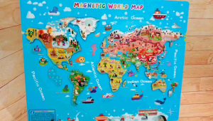 Wooden Magnetic World Map with 184 Geographical Information Card Countries Flag Educational Kids