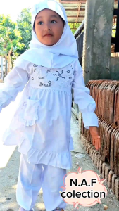 baju setelan anak putih N.A.F//SETELAN Tunik Anak Sheilla Set Kids Pakaian Muslim Umur 1-14 Tahun Atasan Plus Celana Free Hijab//OUTER// TUNIK GAMIS MANASIK HAJI KHUSUS PUTIH ANAK PEREMPUAN