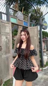 [Premfashion🌸] ชุดเซตเสื้อสีขาวดำคอบัวแขนตุ๊กตาลายริ้วตรงพร้อม กางเกงบอลลูน แบบคุมโทนสีขาว-ดำ🖤🤍