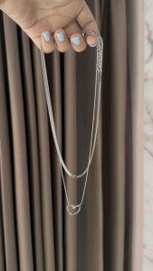 สร้อยคอจี้หัวใจ 2 เลเยอร์ สีเงิน สร้อยคอกระดูกงู ST812