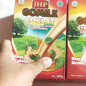 GOMILK (SUSU BUBUK KAMBING ETAWA PLUS HERBAL) ada rasa coklat stroberi dan putih vanila isi 200 gram/ bungkus