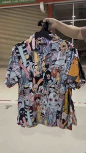 เสื้อเชิ้ตฮาวายลายกราฟฟิก ลายการ์ตูน M-4XL ไหมอิตาลี ไม่ร้อน ไม่ยับไม่ต้องรีด