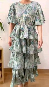 ●ECLAIRE● 003 Dress Midi Layered Tiered Susun Shortsleeves Motif Floral Flower Bunga Pesta Kondangan Borealis Premium 64410