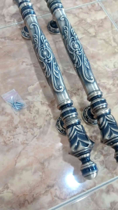 Handle gangang pintu rumah kuputarung 4pcs handle+body kunci dan tutup kunci kuningan model motif ukir bunga panjang 45cm