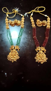 SG Ready stock -Aadi sale - storewide Matt Finish Beads Lakshmi pendant long Haram jewellery with Matching jumkas