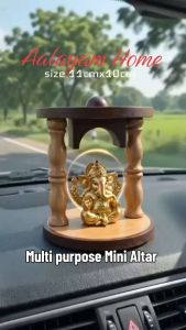 Mini car dash board wooden altar and fibre solar swinging hands Ganesha. Size 11cmx10cm. Perfect for office table and kids study table too.