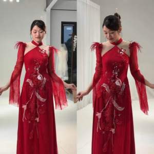 [HOẢ TỐC 2H ẢNH THẬT] ÁO DÀI NỮ REN HOA LÓT LỤA 6 TÀ CỔ YẾM THÊU KẾT CÔNG PHƯỢNG ĐỎ/HỒNG/TRẮNG CAO CẤP ĐI TIỆC CƯỚI HỎI