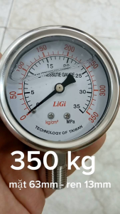 Đồng hồ đo áp suất dầu 0 - 350kg/cm2 mặt dầu 63mm Chân ren 13mm chân đứng Đài Loan