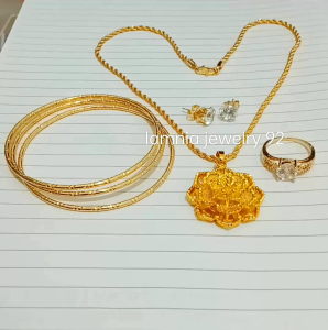 1 SET PERHIASAN WANITA DEWASA BERLAPIS EMAS MODEL KALUNG TAMBANG LIONTIN BUNGA TERATAI ANTI KARATAN