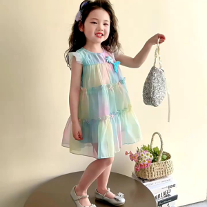 New Summer Rainbow dress Girl Flying Sleeve Princess Dress Birthday Party Dress