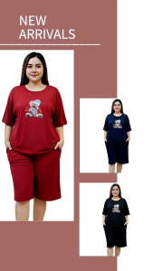 Setelan Kaos Wanita Oversize LD115 Cm Celana Pendek 3/4 One Set Wanita Dewasa Terbaru 2023 Bear Topi
