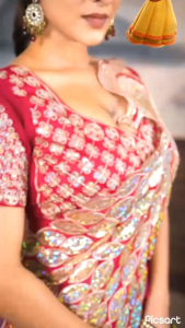Pink embroidered ethnic blouse with floral patterns and round neckline.