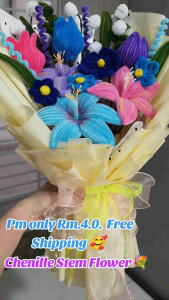 Chenille Stem Flower Bouquet with Blue Pink Purple Flowers Wrapped in Yellow Paper