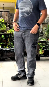 Mens denim cargo 6 pocket pants regular fit Kain lembut berkualiti