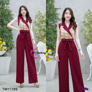 17399 จั๊มสูงขายาวแขนกุดขายาว ผูกโบว์เอว ชุดทำงาน#ออกงาน#เที่ยว