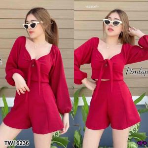 16236 Set 2 ชิ้น เสื้อแขนยาวจั้มผูกโบว์ + กางเกงขาสั้น