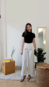 18decem กางเกงผ้าเอวสูง กระบอกใหญ่ ทรงสวย กางเกงผ้า ส่วนผัก S-XL