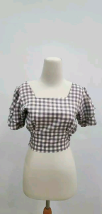 PRELOVED TOP SQUARE NECK / ATASAN LENGAN RUFFLE - BAJU WANITA KOTAK-KOTAK WARNA DUSTY PURPLE / CROPTOP