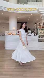 ชุดเดรสสีขาวลายผ้าฉลุลายลูกไม้รุ่นอั้มพัชราภาสวยเรียบแต่ดูดีมาก