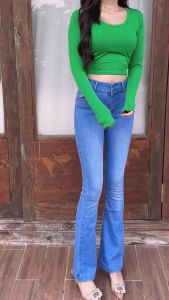 Quần jean nữ ống loe trơn cơ bản màu xanh sữa chất co giãn size từ 26-35 B812