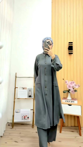 DELVIA SET LINEN PREMIUM SETELAN WANITA DEWASA LONG TUNIK KEKINIAN TERBARU