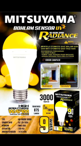 Bohlam Led Sensor UV Mitsuyama 9 -12Watt Cahaya Kuning Warm Menyala Otomatis Saat Malam Hari