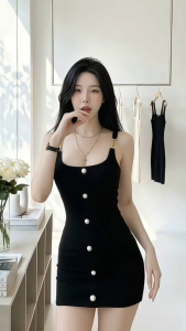 Váy body hai quây xích gold đính kèm nút Đầm body bar ktv