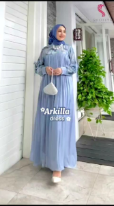 Dress Muslim Kia Bahan Crinkle Mix Organza LD 110 PJ 135 Kancing Depan Motif Polos Bisa COD