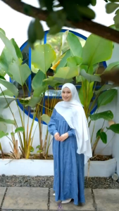 Mahalini Dress Gamis Polo Linen Bordir Busui Friendly Resleting Depan Tangan Siku Balon Adem Lembut Flowly