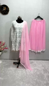White & Pink with Beautiful Embroidery work Plazo Suit (Pre-order: 2/3 Weeks Delivery) TXE070723