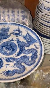 Mâm bồng Song Long chầu nguyệt men lam cổ không chân để