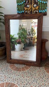 กระจกติดผนัง ปีกไม้ ขนาดใหญ่ กระจกห้องน้ำ ลายไม้ธรรมชาติ เคลือบสี กรอบกระจก ไม้สัก 110x80x5cm Large Teak wood Log mirror Rustic Mirror Bark Mirror