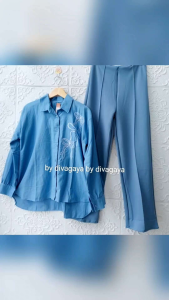 Setelan Wanita Clara Atasan Blouse Celana Scuba Panjang Fashion Kekinian