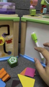 Intelligence Wooden Educational Toy Activity Cube Durable Montessori Wooden Toys Box 5 in 1with Wooden Beads Maze Puzzle Shape Cube for Toddlers