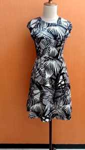 mini midi dress wanita hitam motif daun putih M L cewek MEWAH cute PESTA
