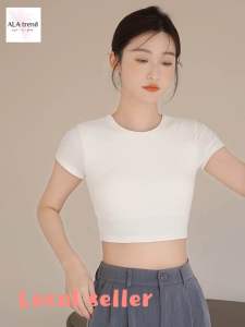 【SG stock】 Premium Round Neck Cropped Bra Top Padded Top T-shirts Short Sleeves Classical Crop Top BT54
