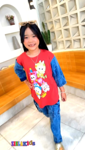 setelan labubu anak bahan cotton combad 20s mix celan cargo jeans/setelan celana labubu anak perempuan umur 4-14 tahun/setelana celana anak perempuan premium terbaru